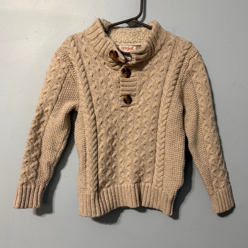 Cat & Jack Boys 5T Tan Cable Knit Mock Neck Sherpa Lined Sweater 2626